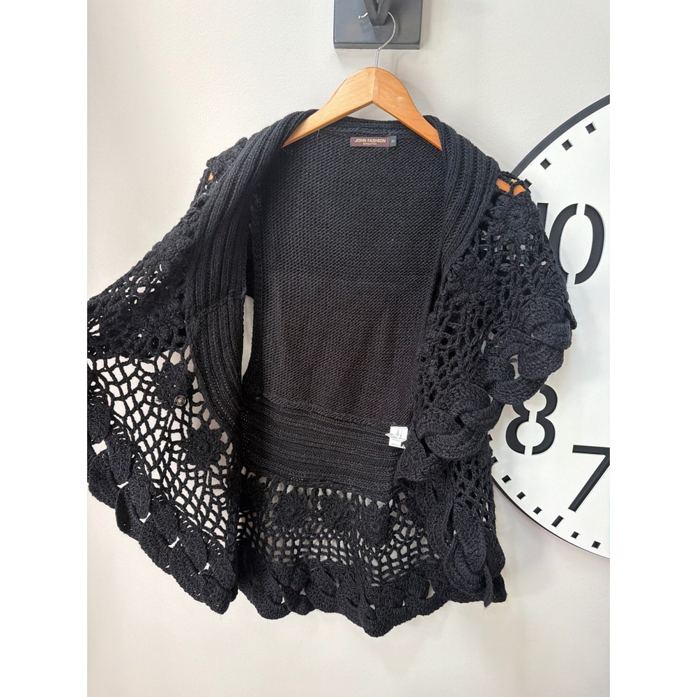 NWT Black Crochet Lace Trim Open Cardigan Boho Festival Fairycore Shrug Size S